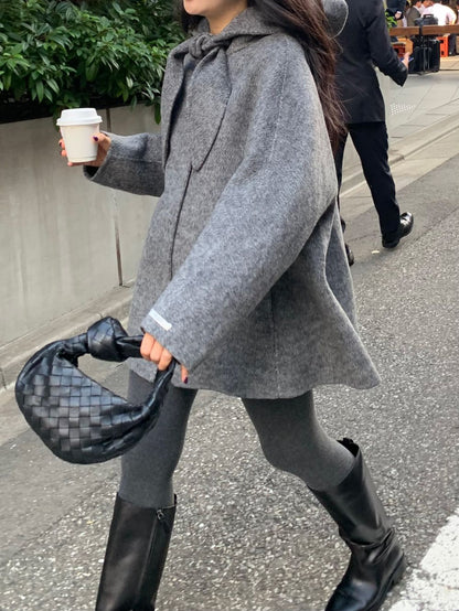 Korean Sle Woolen Coat Women's Chic Temperament Sweet Bow Tie Collar Hooded Warm Woolen Coat Long Sve Mid-Length