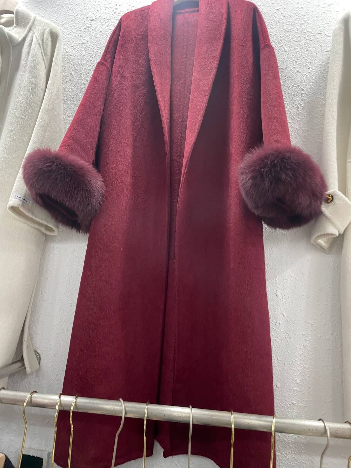 [EWQ] Wool Fox Fur Sleeve Women Coat Elegant Clothing Autumn 2025 Winter Double-sided Jacket Big Size Wine Red Overcoats 16O2751