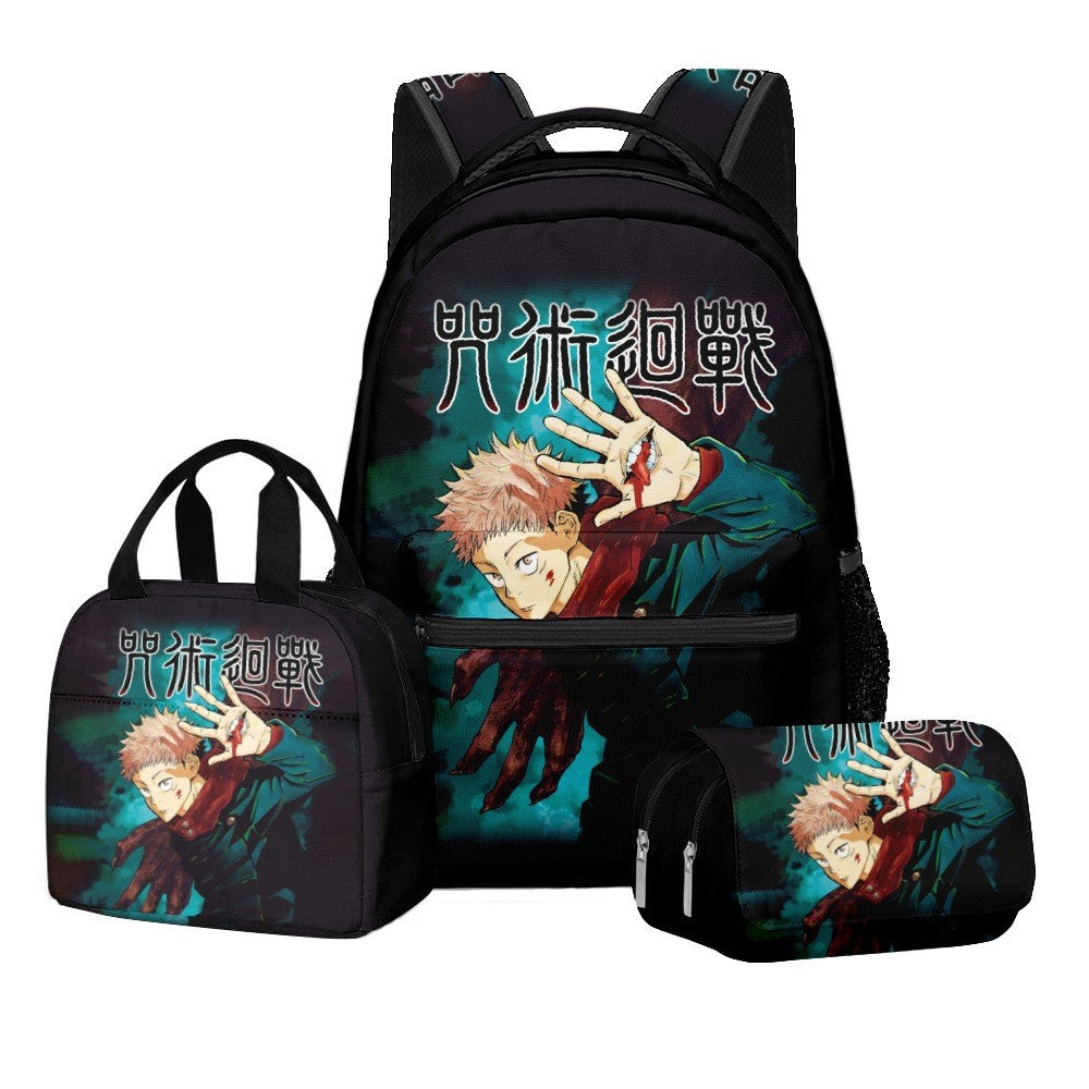 Anime Estampa Digital Jujutsu Kaisen Conjunto Escolar Mochila Grande Capacidade Lancheira Estojo de Lápis 2 Camadas 3 Peças Presente para Menino