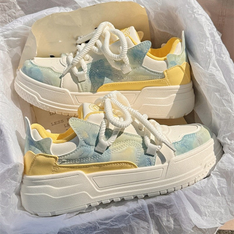 New Fashion Versatile Simple White Shoes Round Toe Thick Sole Lace Up Cute Lightweight Slim Casual Sports Shoes for Women