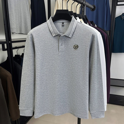 100Cotton Luxury Quality Men's Polo Shirt Striped Collar Breathable V-Print Long Sleeve Autumn Lapel T-Shirt Business Menswear