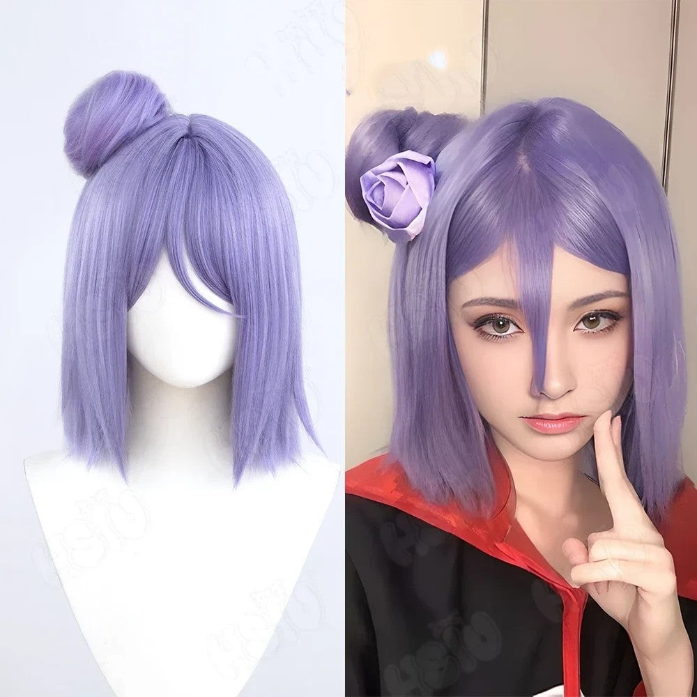Perruque de Cosplay Konan HSIU, cheveux synthétiques courts violets de 40CM, résistants à la chaleur + bonnet de perruque