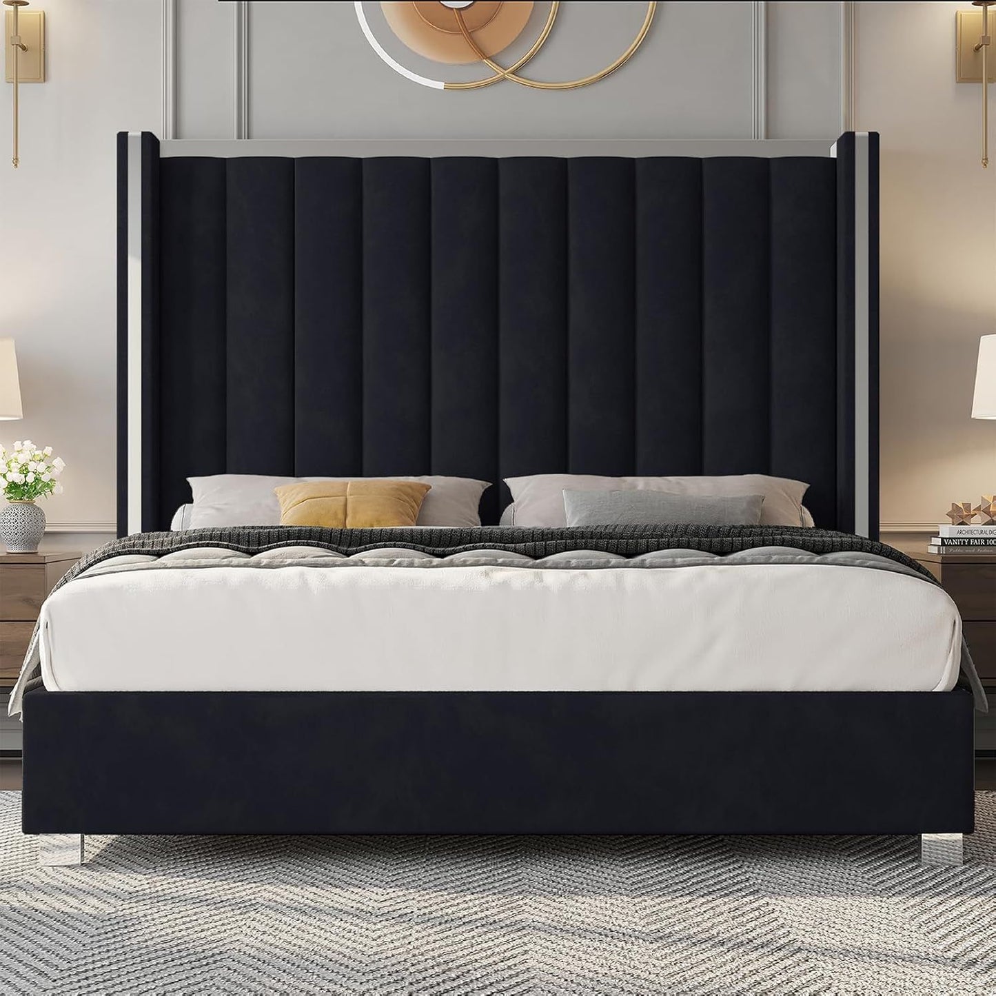 Estrutura de Cama Queen Size com Cabeceira de 147 cm de Altura, Cama Plataforma Estofada em Veludo com Cabeceira de Asas com Capitonê Canalizado e
