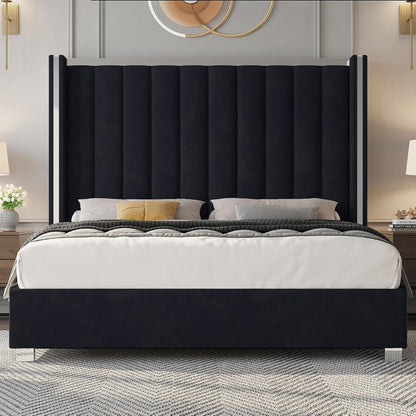 Estrutura de Cama Queen Size com Cabeceira de 147 cm de Altura, Cama Plataforma Estofada em Veludo com Cabeceira de Asas com Capitonê Canalizado e
