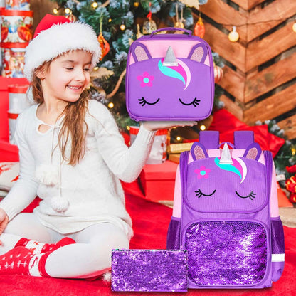 3PCS Unicorn Backpack, 15" Girls Sequin Bookbag with Lunch Box, Purple Kids School Bag for Elementary 2 sold
