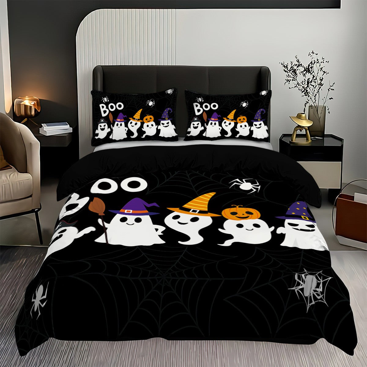 3 capas de edredom fofas de fantasma de Halloween, 1 capa de edredom + 2 fronhas, sem enchimento. Conjunto de cama macio e confortável, lavável à máquina