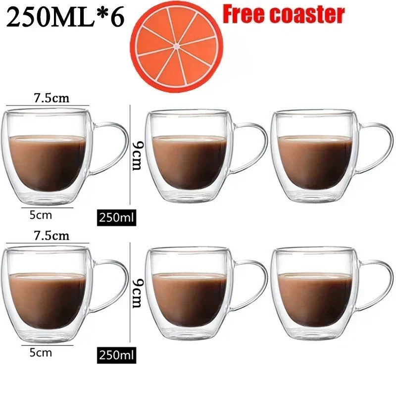 Caneca transparente de parede dupla 2-6 peças Copo de café e leite de vidro borossilicato alto resistente ao calor para casa e escritório