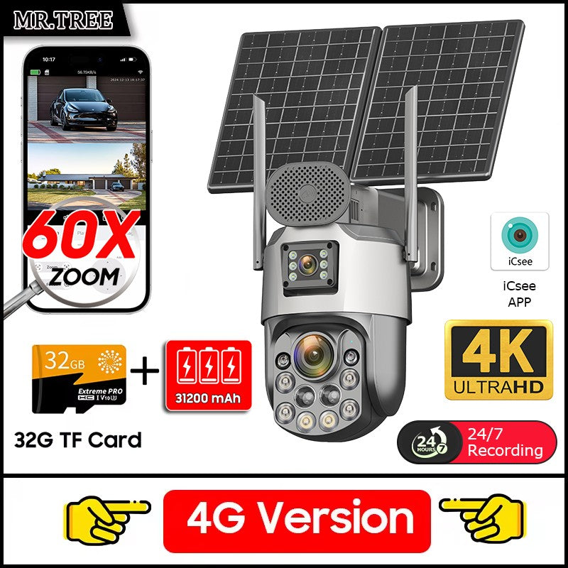 Câmeras de segurança solares externas 4K, 4G SIM, 2 lentes/tela, zoom óptico de 60x, rastreamento automático, PTZ 360°, câmera IP para vigilância residencial
