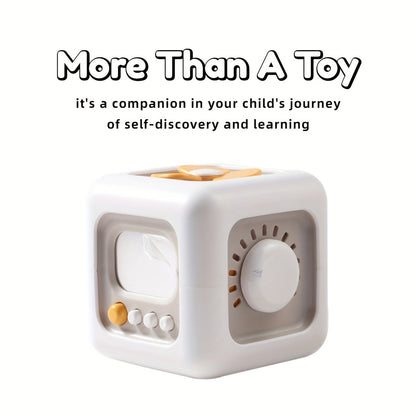 6-in-1 Busy Cube Toy for Baby - Enhances Fine Motor Skills & Early Learning, White with Yellow Accents, Montessori Puzzle Toy