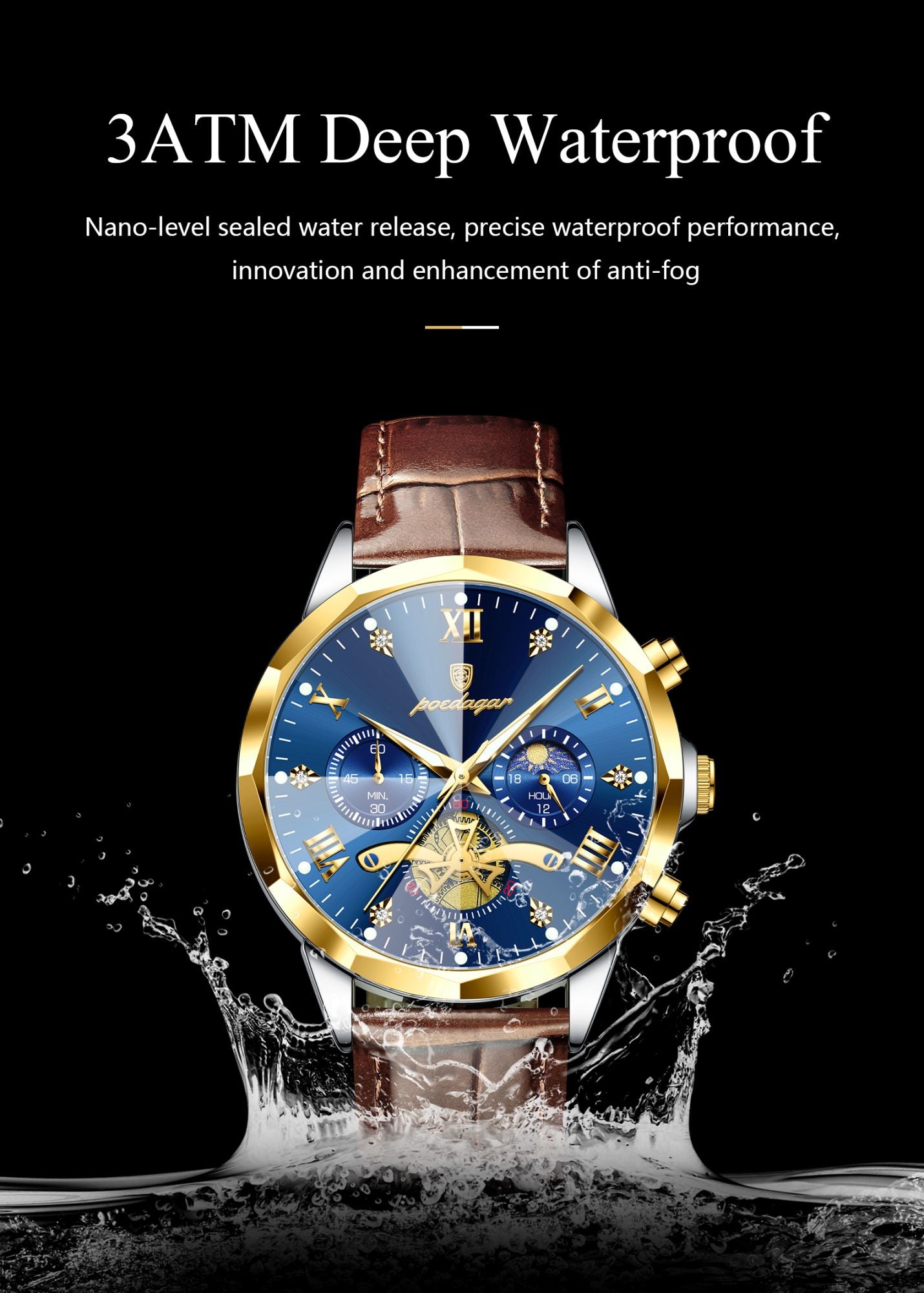 POEDAGAR Relógio de Pulso Militar de Luxo Masculino Quartzo Impermeável Luminoso Cronógrafo Couro Masculino Relógio Esportivo Masculino Relógio Masculino