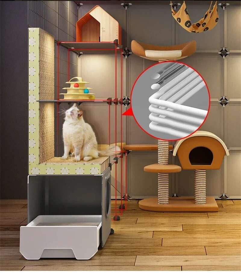 Super Grandes Gaiolas de Gatos com Espaço Livre Casa para Animais de Estimação Interna Villa para Gatos com Caixa de Areia Integrada Gabinete Nórdico Multi-Camadas para Gatos
