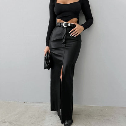 Women High Waist PU Leather Skirts Ladies Solid Slim Maxi Long Skirts