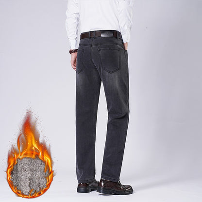 Men's Fleece Straight Leg Jeans Winter Thick Warm Business Casual Velvet Pants Elastic Loose Trousers Outdoorwear