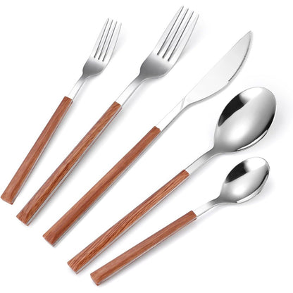 Conjunto de 5 Peças de Talheres Faca Garfo e Colher Conjunto de Talheres de Aço Inoxidável Cabo de Madeira de Imitação Conjunto de Talheres Fácil de Limpar e Reutilizável