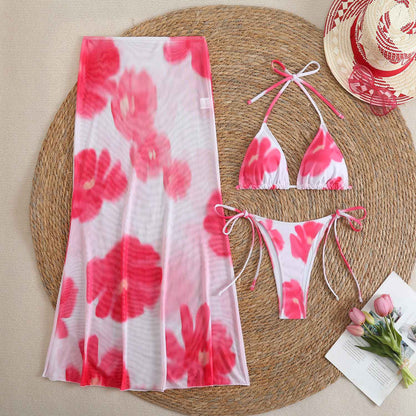 2025 New Flower Print Bikini Set Women's High Waist Long Skirt 3 Piece Swimsuit Sexy Mini Triangle Backless Thong Bathing Suit