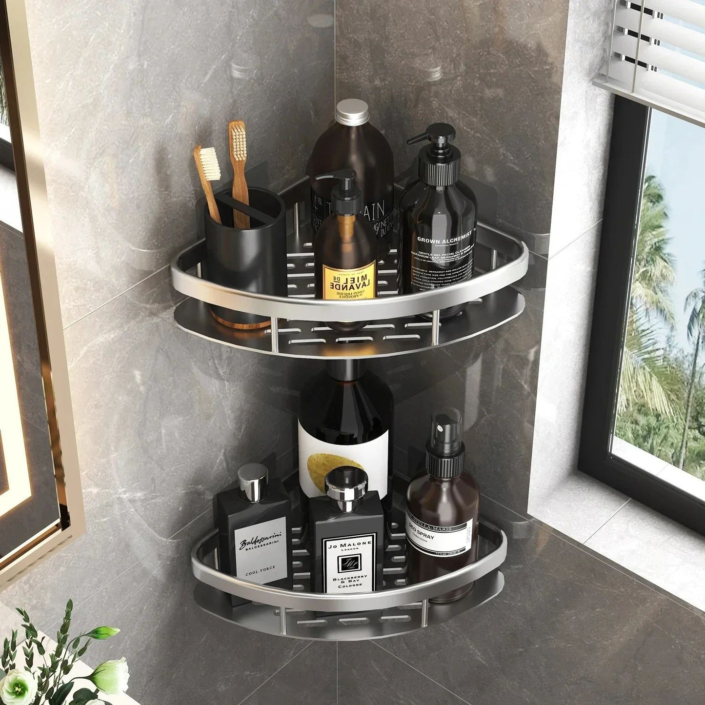 Prateleira de banheiro Organizador de armazenamento de cozinha Liga de alumínio Suporte de shampoo Prateleira de chuveiro Acessórios de banheiro Prateleira sem furos