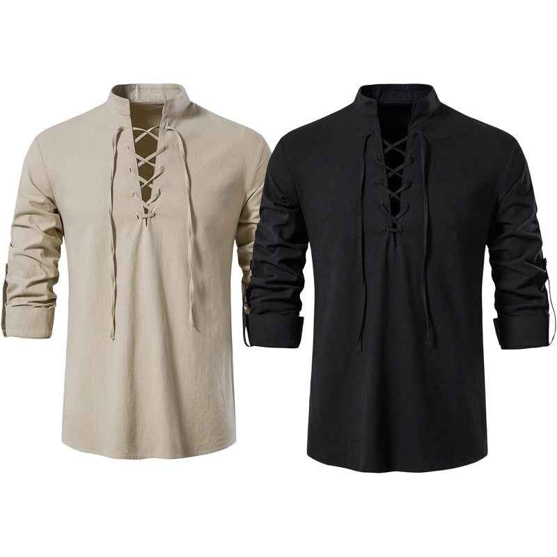 Men's Renaissance Shirt Pirate Medieval Viking top Cotton Linen Shirts Men Long Sleeved Halloween Costume