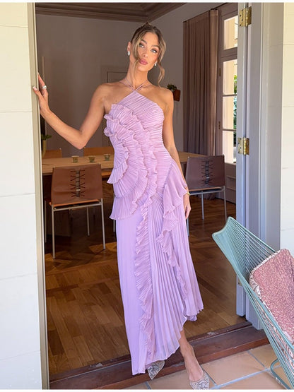 Chic pleated halter neck long vacation dress high quality purple strapless Lotus Edge Maxi Dress 2025 New Lady Vacation Gowns