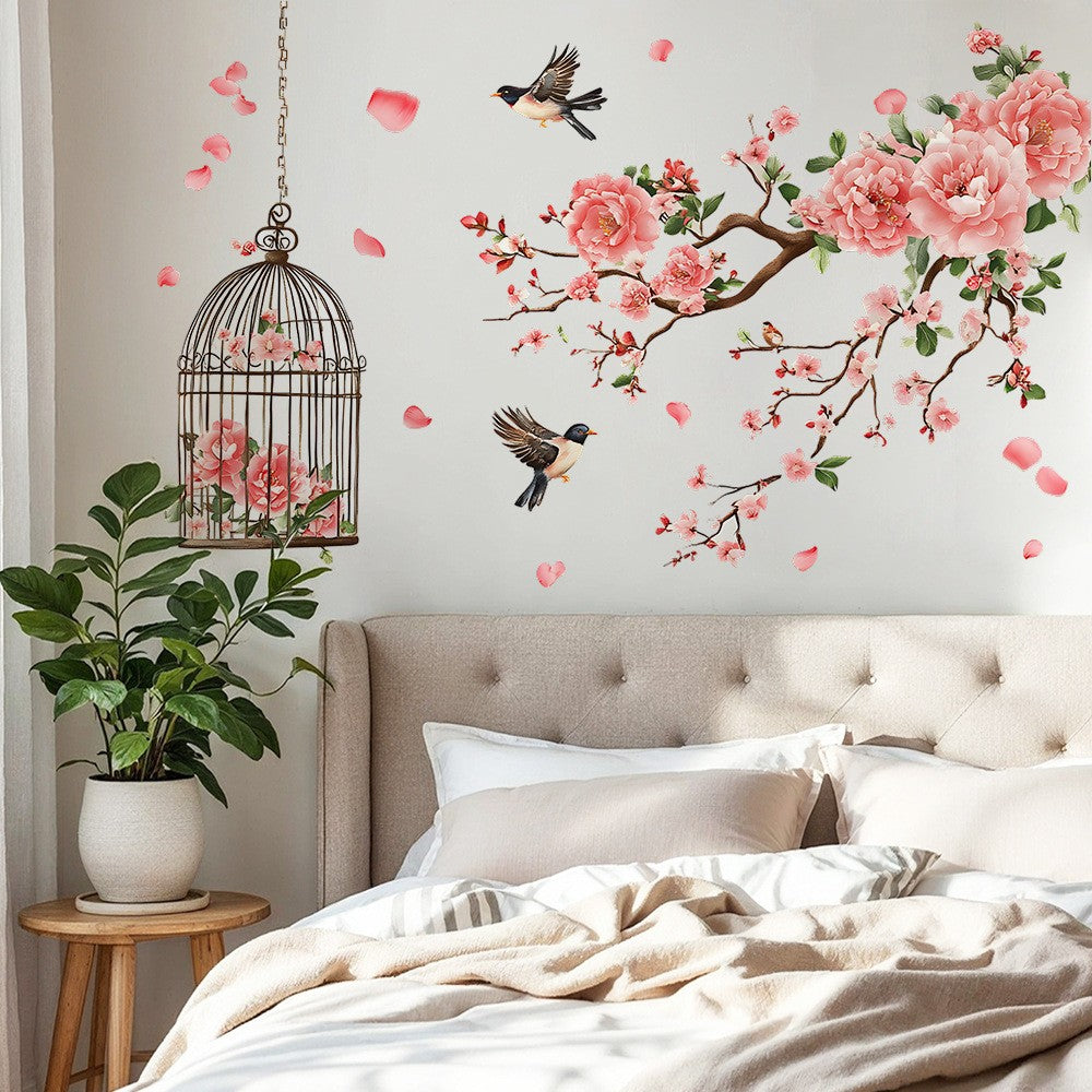 Pink Tree Branches Birds Butterflies Elf Girls Meet Wall Stickers Bedroom Children's Room Home Wall Decoration Self-adhesive