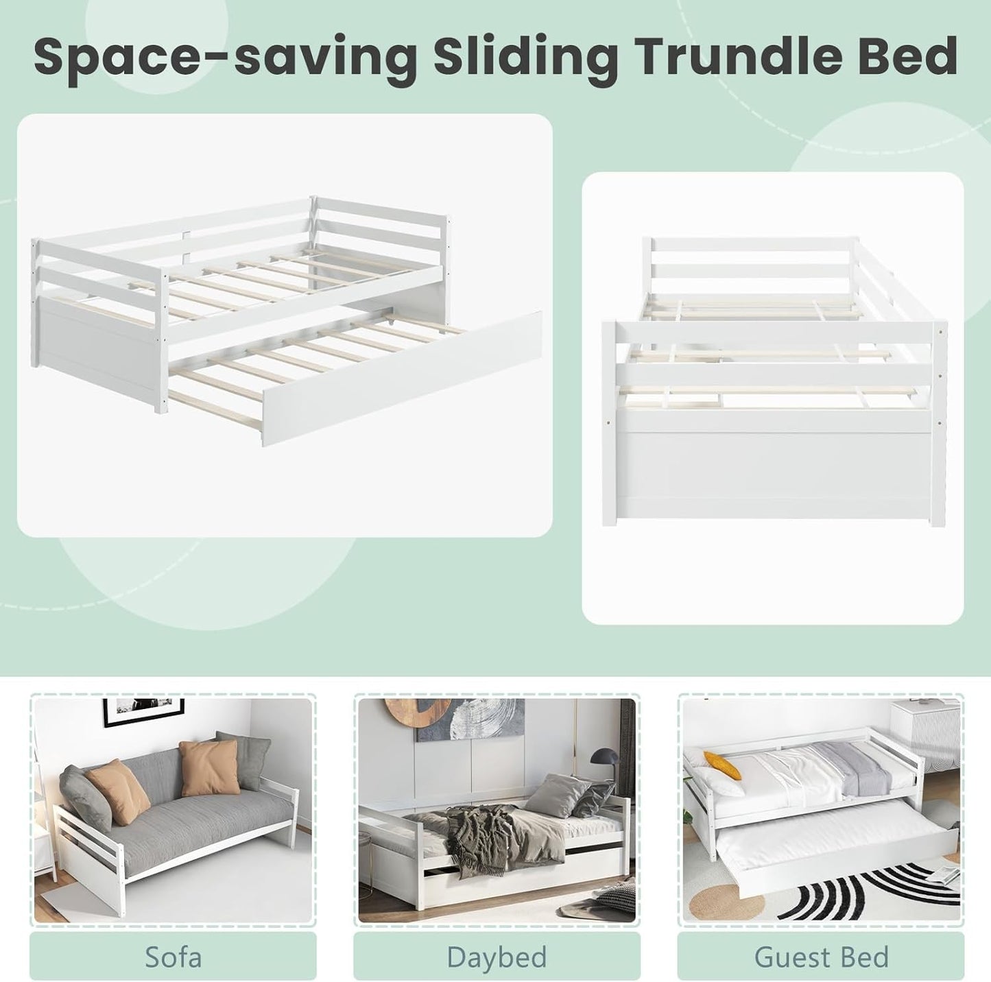 Twin Daybed with Trundle White, Wood Trundle Bed with Wood Slat Support, Mid Century Day Bed Frame for Living Room Guest