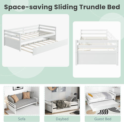 Twin Daybed with Trundle White, Wood Trundle Bed with Wood Slat Support, Mid Century Day Bed Frame for Living Room Guest