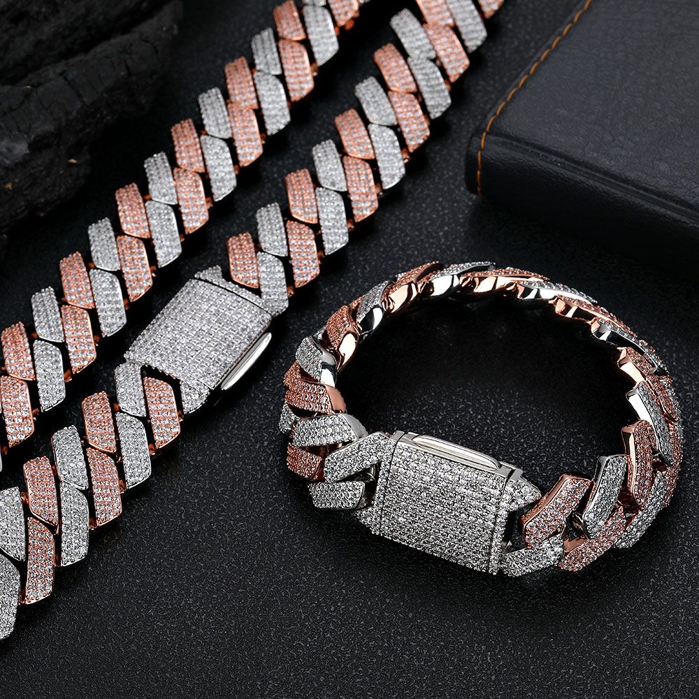 NUOYA High-Quality Hip-Hop Jewelry 20mm Jewelry Ice Necklace Diamond Three Rows Of Zircon Thick Cuban Chain Men's Necklace