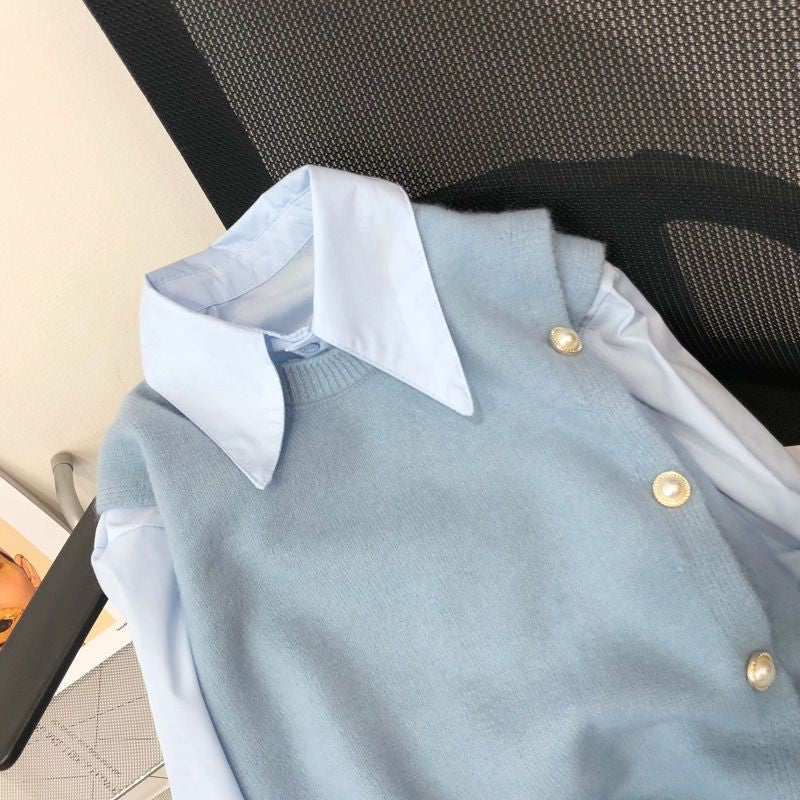 Japanese Women's Knitted Vest Shirt Two-Piece Set 2025 Spring Autumn Casual Side Buckle Vest Matching Long Sleeve Blouse