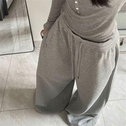 Oversize Woman Grey Black Sweatpants Y2K Korean Streetwear Loose Casual Jogger Pants High Waist All Match Drawstring Trousers