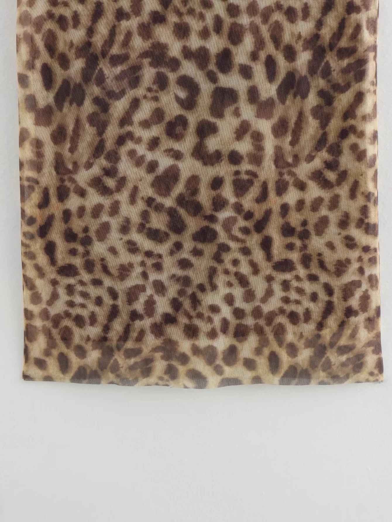 Women Leopard Tulle Midi Skirt 2024 Summer Fashion High Waist Elasticated Waistb