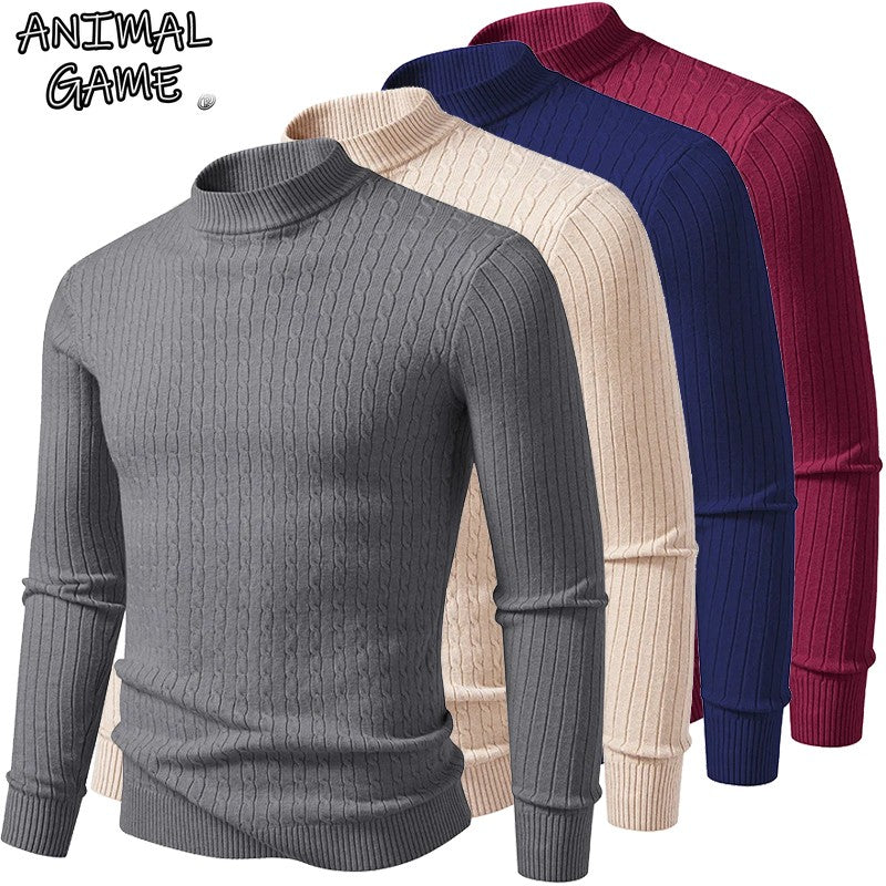 Animal Game Mens Mock Neck Pullover Casual Sweaters Outdoor Woolen Knitwear Twist Casual Sweater Knit Autumn Warm Coats