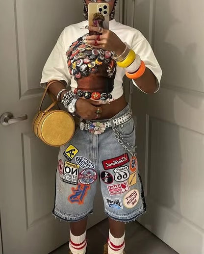 American Retro Denim Shorts Y2K Jeans Harajuku Hip Hop Cartoon Embroidery Retro Baggy Shorts Low Waist Sports Basketball Shorts