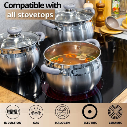 Conjunto de Panelas de Indução Moderno em Aço Inox com 6 Peças – Panelas Próprias para Lava-Louças com Alças Antitérmicas, Tampas de Vidro, Prateado