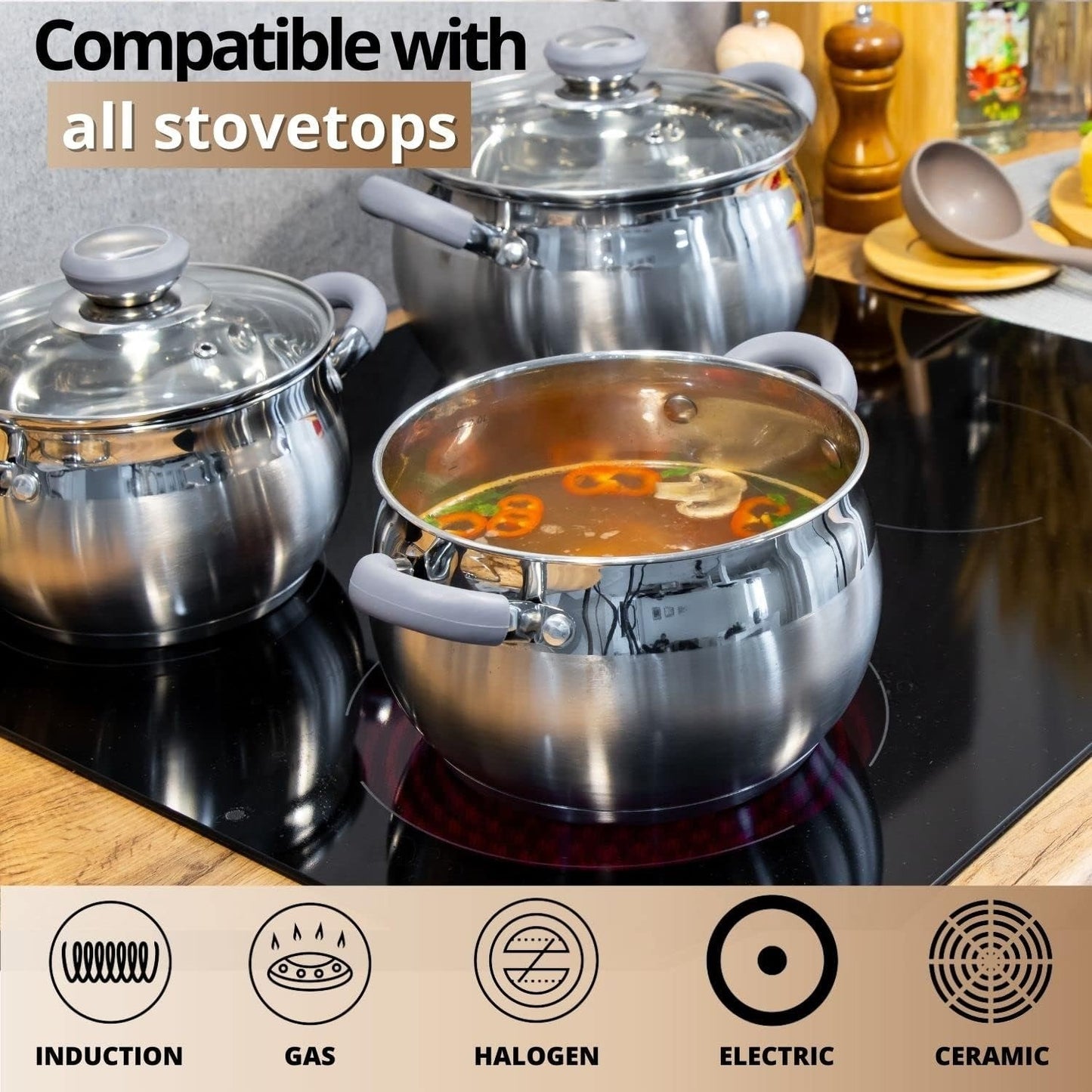 Conjunto de Panelas de Indução Moderno em Aço Inox com 6 Peças – Panelas Próprias para Lava-Louças com Alças Antitérmicas, Tampas de Vidro, Prateado