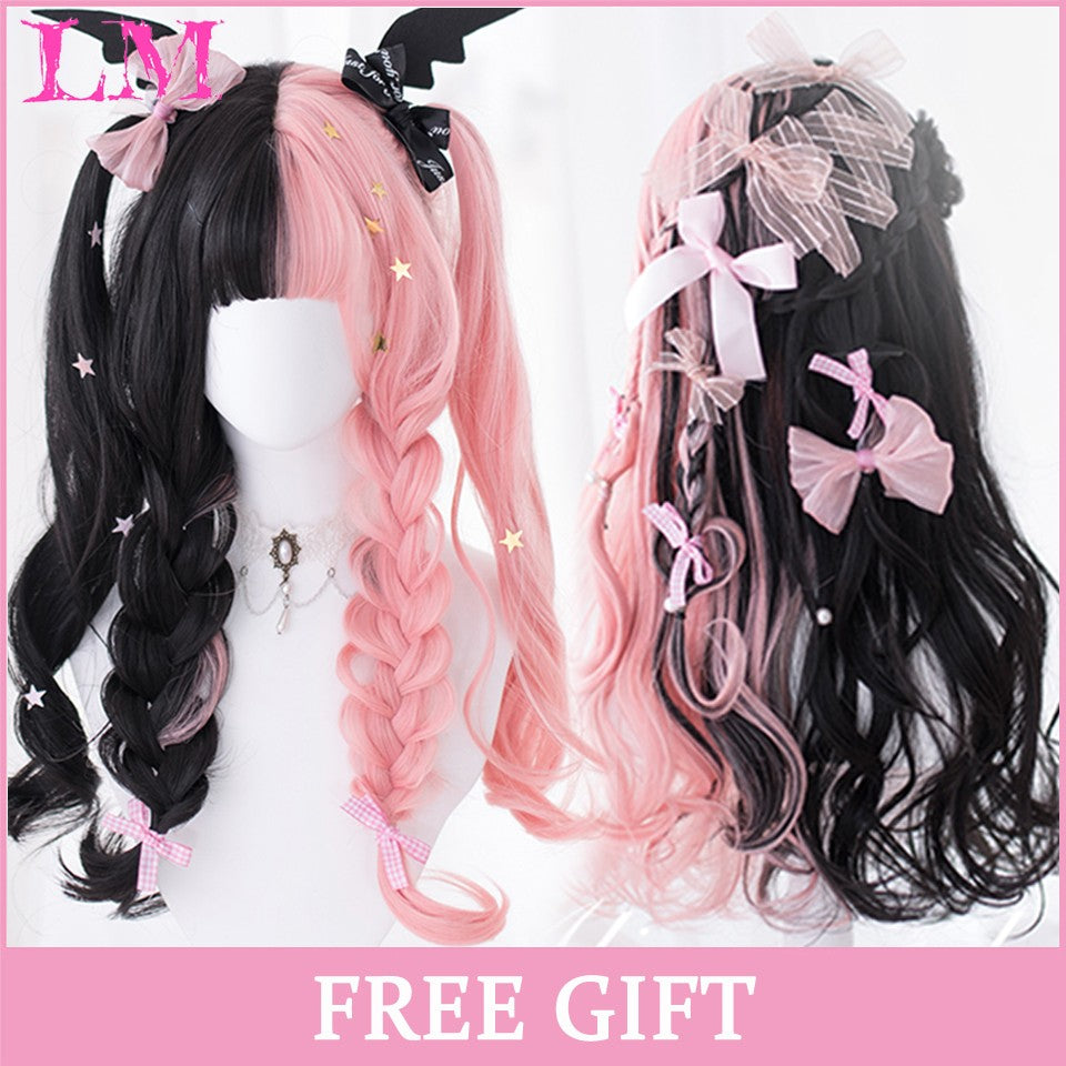 LM Medium Length Pink Cosplay Wig Heat Resistant Costume Party Synthetic Wigs 2 Clip On Ponytail 7 Colors