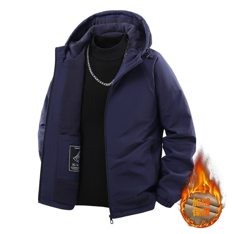 Jaqueta de Pesca Masculina Externa Capuz Larga Forro Polar Grosso Casaco Outono Inverno Jaqueta Casual Simples Versátil Casaco Acolchoado de Algodão