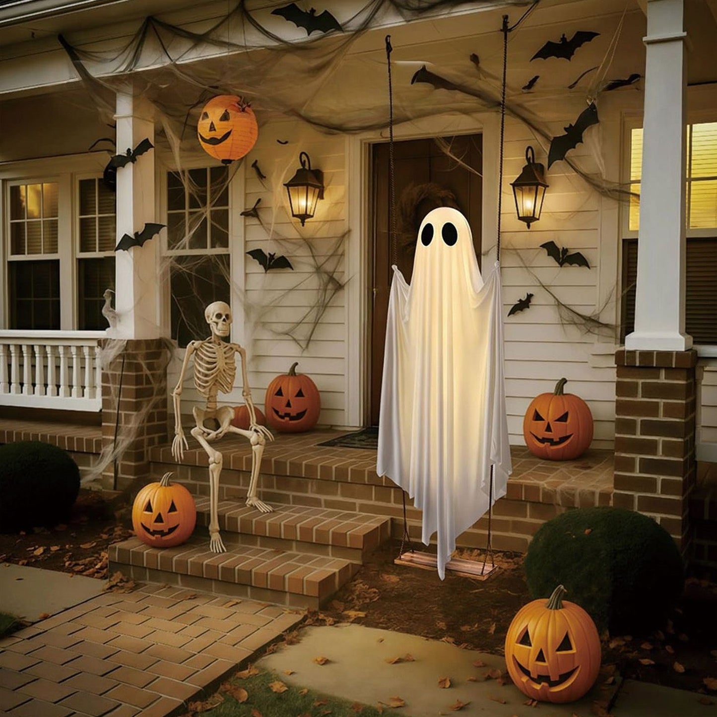 6FT Large Hanging Swing Ghost Halloween Decoration Cute White Ghost with String Light Spooky Ghost Ornament for Porch Yard Trees