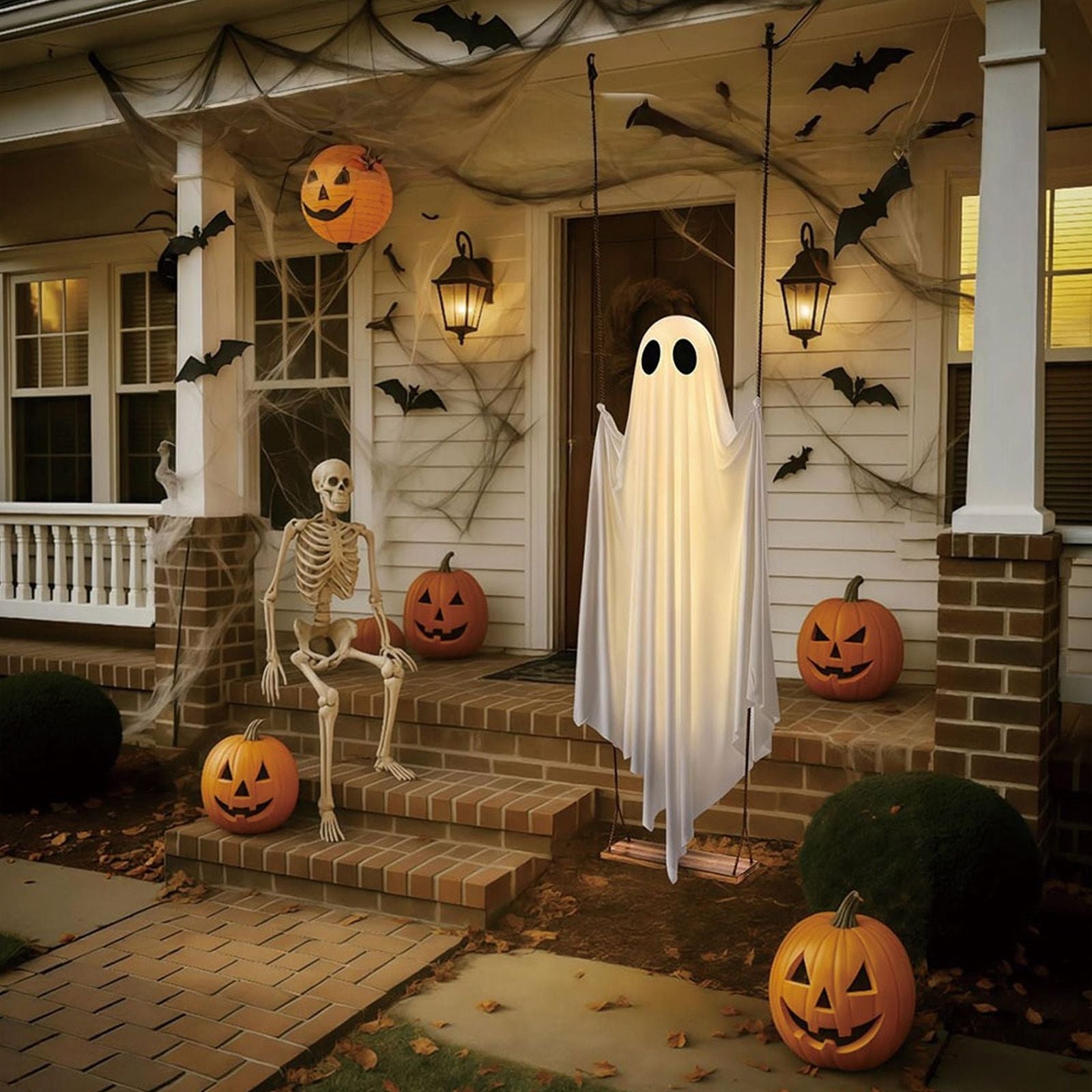 6FT Large Hanging Swing Ghost Halloween Decoration Cute White Ghost with String Light Spooky Ghost Ornament for Porch Yard Trees