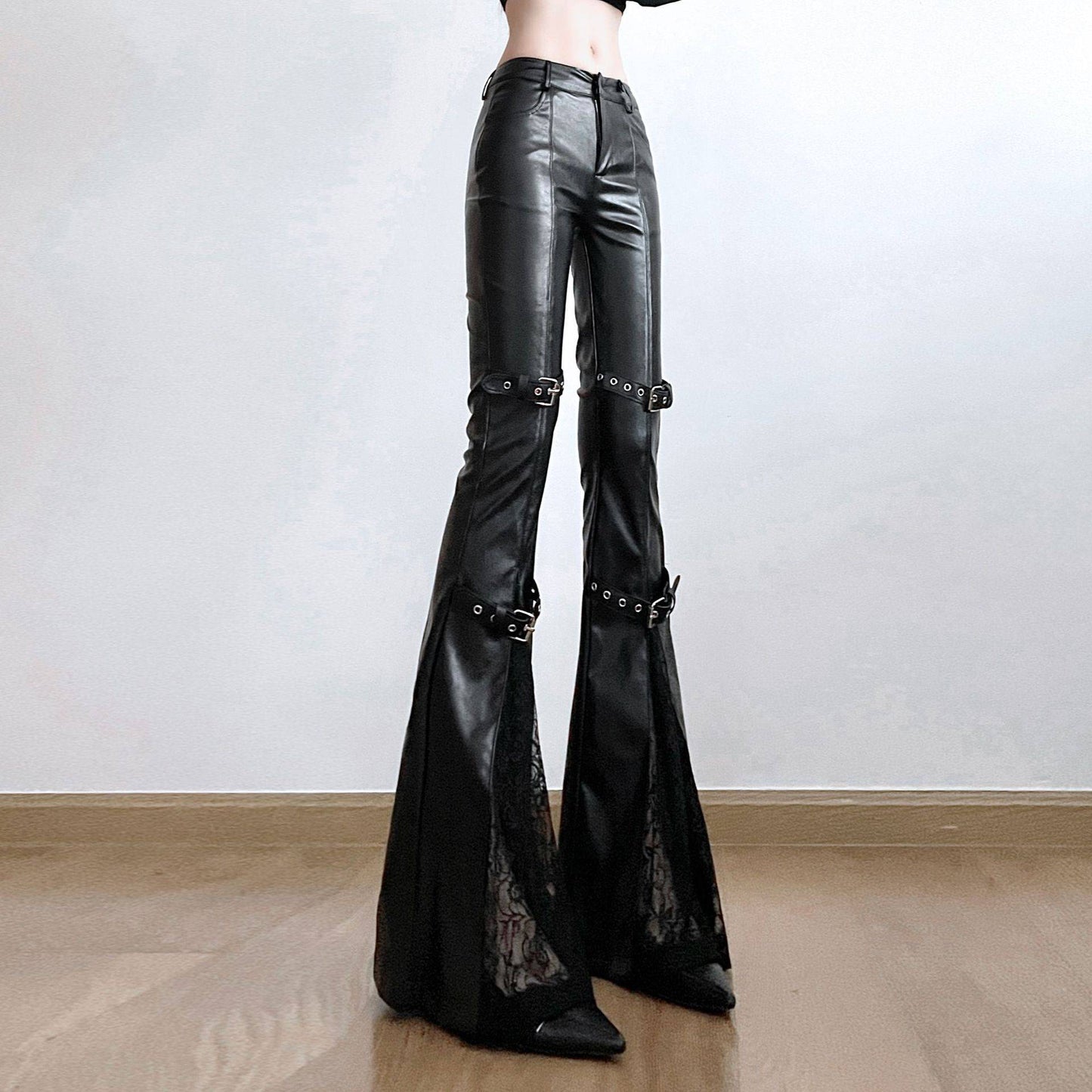 PU Leather Flare Pant Goth Buckle Lace Patchwork Pants Women Fashion Y2K Streetwear Vintage Aesthetics Casual Pants Trousers