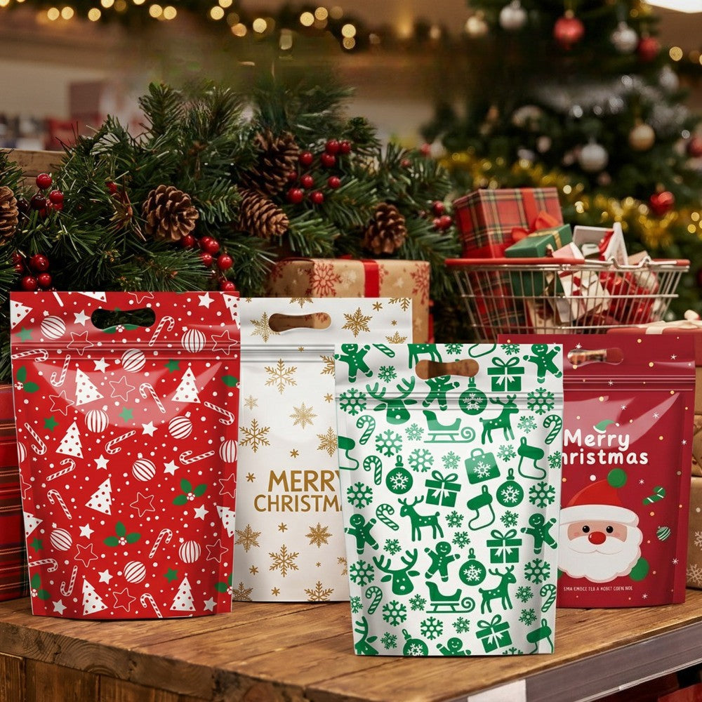 50Pcs Resealable Christmas Zip Lock Bags 50PCS Clear Christmas Plastic Sealing Bags with Handles for Xmas Holiday Party Candy