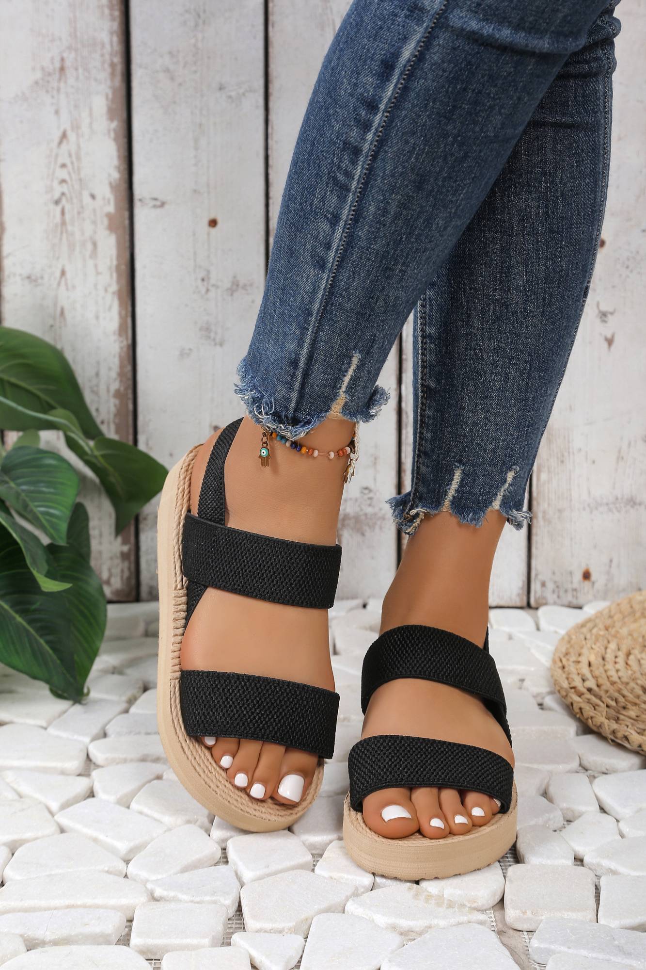 2025 Women's fashion trend anti-slip wear-resistant pure black belt soft soled high-heeled sandals shoes for women