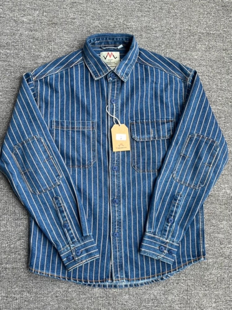 Spring New American Retro Heavyweight Denim Cargo Striped Shirt Men's Simple 100% Cotton Washed Old Casual Blouses Thin Jacket