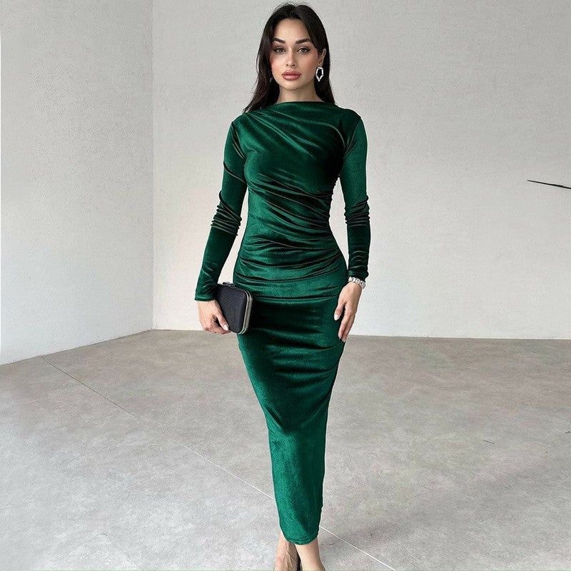 Dulzura 2024 Spring Summer Velvet Long Sleeve Midi Dress For Women Ruched Long D