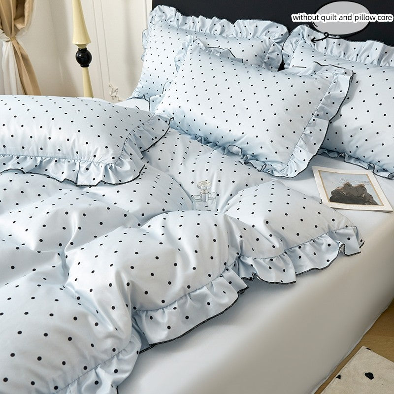 Conjunto de capa de edredom coreana de renda 3 peças (1*Capa de Edredom + 2*Fronhas, Sem enchimento), Conjunto de cama com estampa de bolinhas pretas