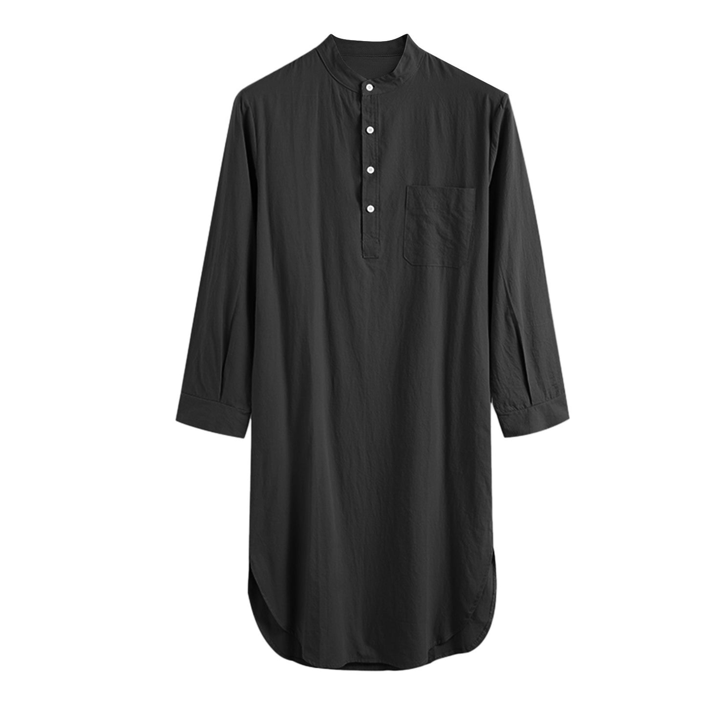 Men's Cotton Button-down Sleep Robe Solid Color Stand Neck Long Sleeve Nightgown Fashion Comfortable Home Wear Loose Bathrobe