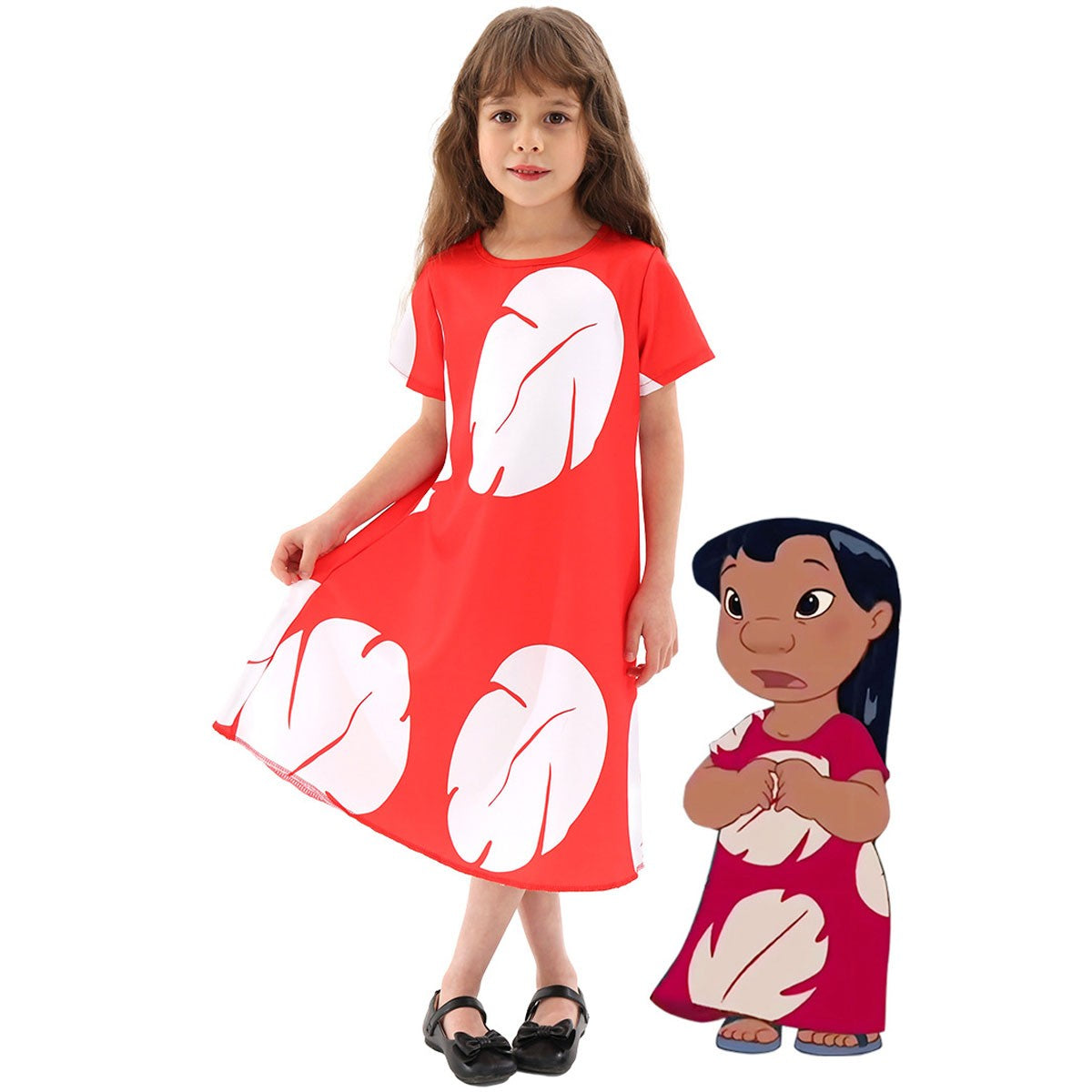 Disney Lilo Costume Girl Cosplay Red Dress Short Sleeve Pajamas Hawaiian Printed Dress Summer Beach Outfit + Stitch Doll Set