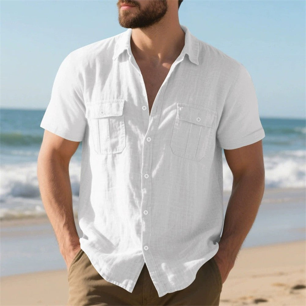 Summer Men's Cotton Linen Short Sleeve Shirt Double Pocket Solid Color Cargo Shirts Casual Vacation Beach Style Lightweight Tops