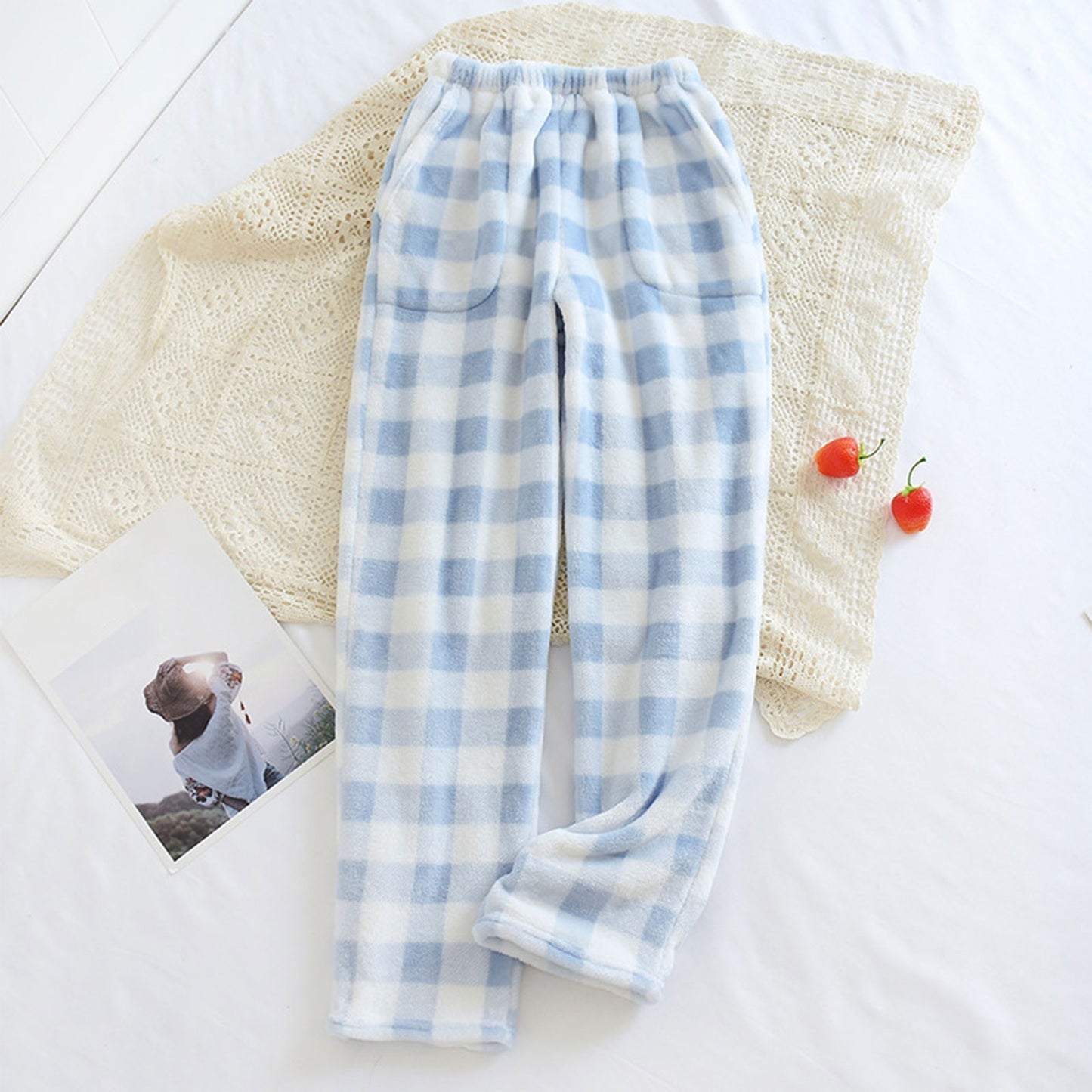 Women Pajama Pants Yoga Pants Elastic Waist Fuzzy Fleece Plaid Bottoms Soft Lounge Sleepwear With Pockets Plush Pajamas Pants