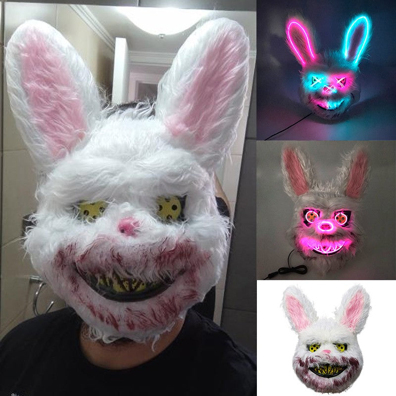 LED Bloody Rabbit Mask Glowing Killer Black Bear Mask Halloween Dance Party Cosplay Costume Props Assassinated Plush Rabbit Mask