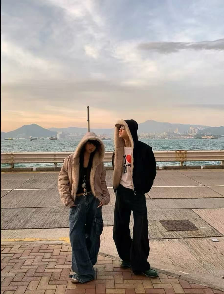 Grey Womens Korean Style Fleece Jacket Winter Warm Thick Workwear Punk Retro Casual Layering Wear Unisex Couple Matching Coat