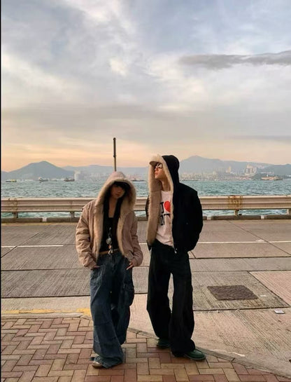 Grey Womens Korean Style Fleece Jacket Winter Warm Thick Workwear Punk Retro Casual Layering Wear Unisex Couple Matching Coat